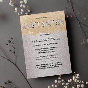 Classy Gold Silver Brushstrokes Glitter Sweet 16 Invitation
