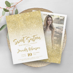 Classy Gold Sparkle Glitter Photo Sweet 16   Invitation