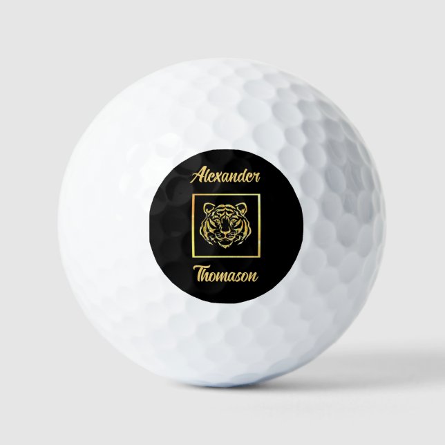 Classy Gold Tiger Face Personalised Golf Balls (Front)