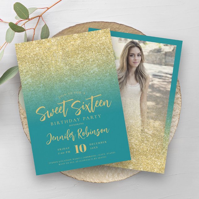 Classy Gold Turquoise Glitter Photo Sweet 16   Invitation (Classy Gold Turquoise Glitter Photo Sweet 16 Invitation)
