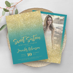 Classy Gold Turquoise Glitter Photo Sweet 16 Invitation