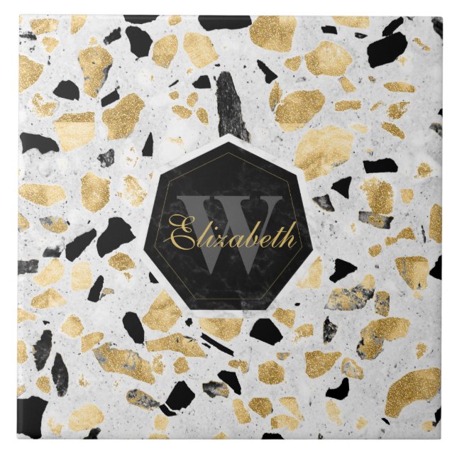 Classy gold vintage marble abstract design ceramic tile (Front)