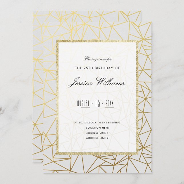 Classy Gold & White 25th Birthday Party Invitation (Front/Back)