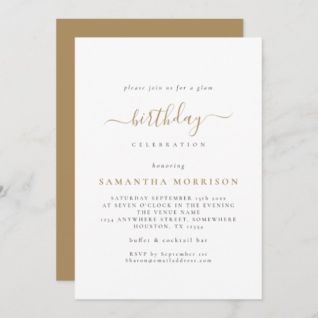 Classy Gold White Any Age Birthday Invitation (Front/Back)