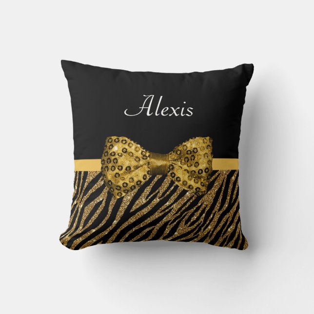 Classy Gold Zebra Print FAUX Glitz Bow With Name Cushion (Front)