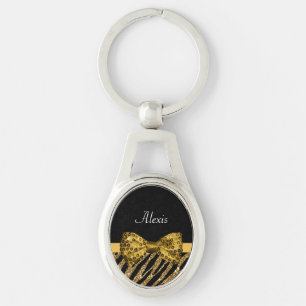 Classy Gold Zebra Print FAUX Glitz Bow With Name Key Ring