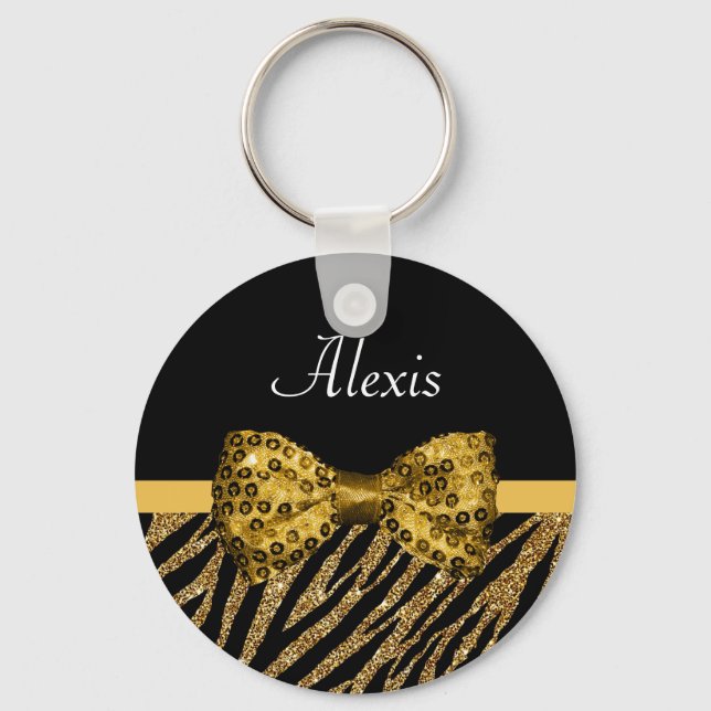 Classy Gold Zebra Print FAUX Glitz Bow With Name Key Ring (Front)