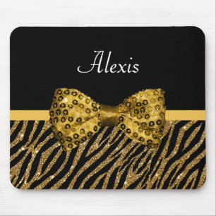 Classy Gold Zebra Print FAUX Glitz Bow With Name Mouse Pad