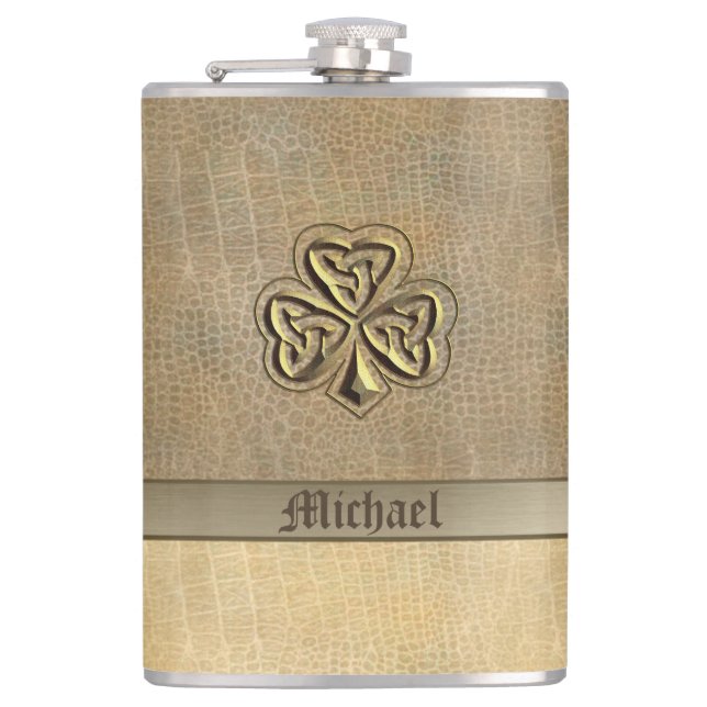 Classy golden Irish lucky shamrock leather look Hip Flask (Front)