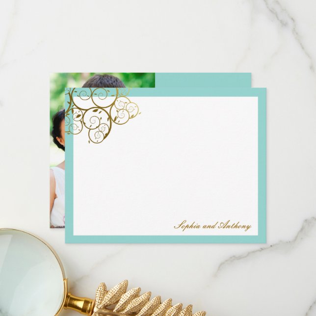 Classy Golden Spirals Elegant Chic Wedding Photo Thank You Card (Front/Back In Situ)