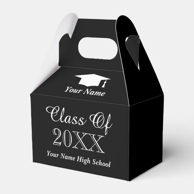 Classy graduation party favour boxes with name (Front Side)