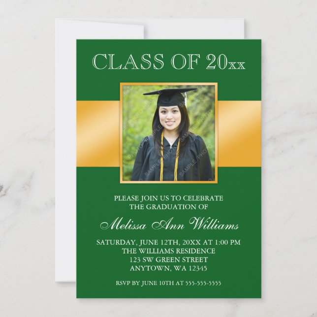 Classy Green Gold Photo Graduation Announcement (Front)