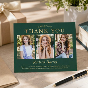Classy Green Gold Three Photo Graduation Thank You