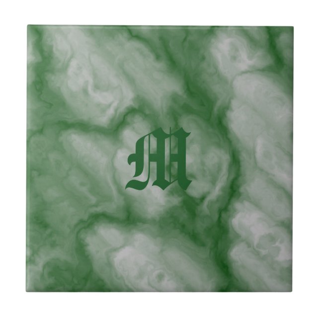 Classy Green Grey Faux Marble Monogram Ceramic Tile (Front)
