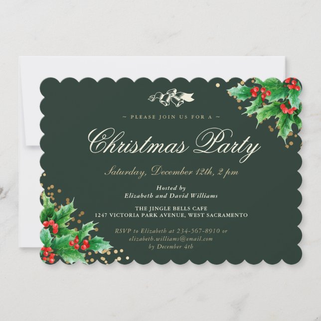 Classy Green Holly Berries Christmas Party Invitation (Front)