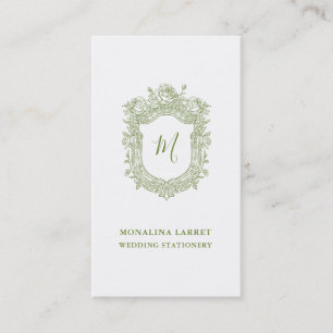 Classy Green Ornamental Roses Crest Monogram Business Card