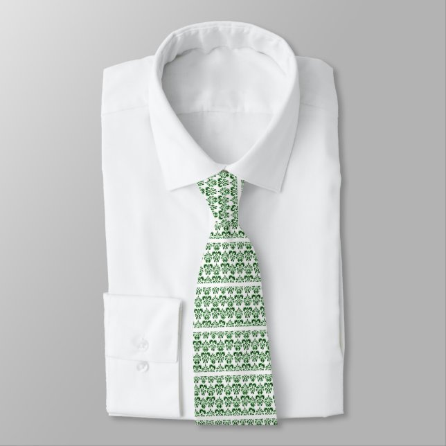 CLASSY GREEN WHITE DAMASK Floral Tie (Tied)