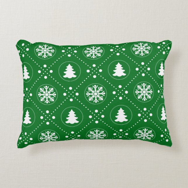 Classy Green White Snowflake Christmas Tree Design Decorative Cushion (Front)