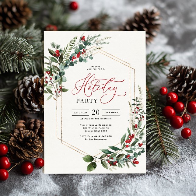 Classy Greenery Berries Christmas Holiday Party Invitation (Creator Uploaded)