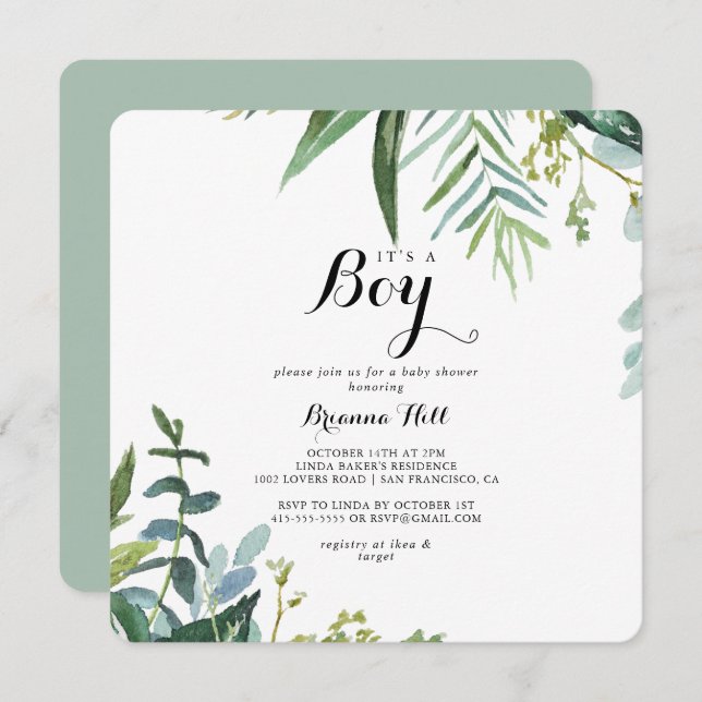 Classy Greenery Tropical It's A Boy Baby Shower Invitation (Front/Back)