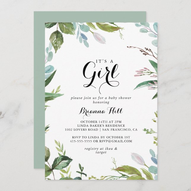 Classy Greenery Tropical It's A Girl Baby Shower Invitation (Front/Back)
