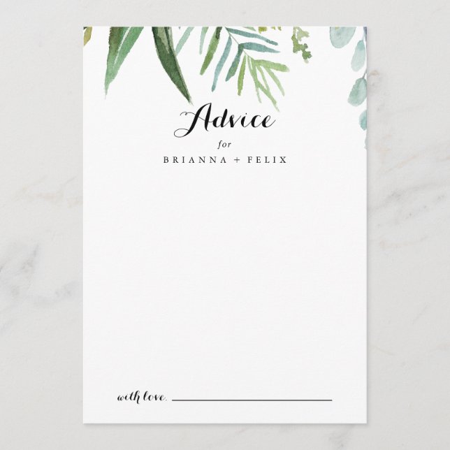 Classy Greenery Tropical Leaves Wedding Advice Card (Front)