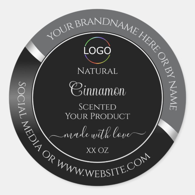 Classy Grey Black Wavy Silver Logo Product Labels (Front)