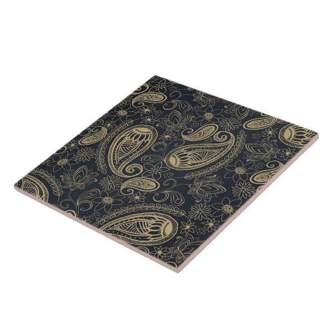 Classy Grey Gold Glitter Paisley Floral Pattern Ceramic Tile (Side)