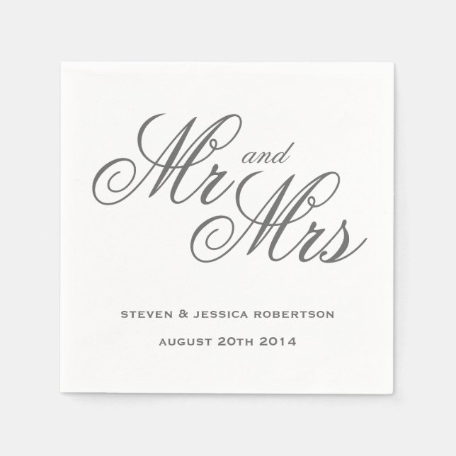 Classy grey Mr and Mrs paper wedding napkins (Front)