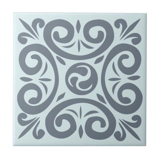 Classy Grey on light Blue Intricate pattern Ceramic Tile (Front)