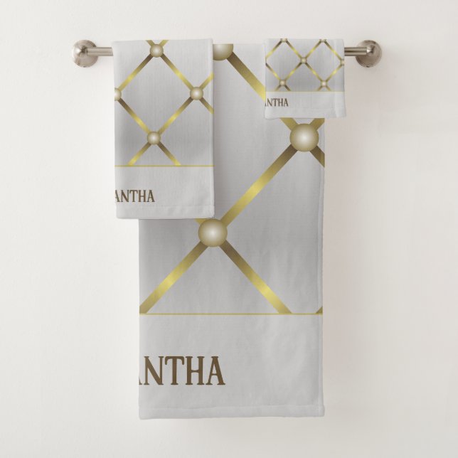 Classy Grey White And Gold Geometric Mesh Bath Towel Set (Insitu)