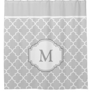 Classy Grey White Moroccan Tile Pattern Monogram Shower Curtain