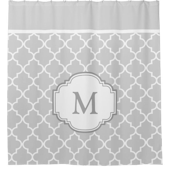 Classy Grey White Moroccan Tile Pattern Monogram Shower Curtain (Front)