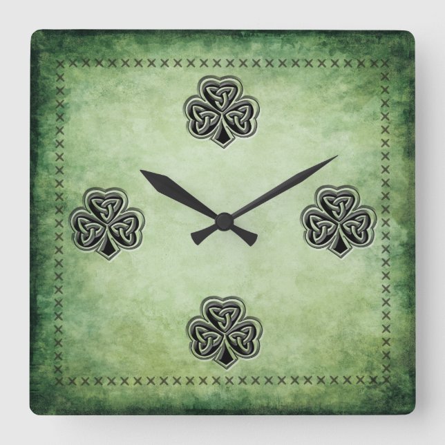 Classy grundge Irish lucky shamrock Square Wall Clock (Front)