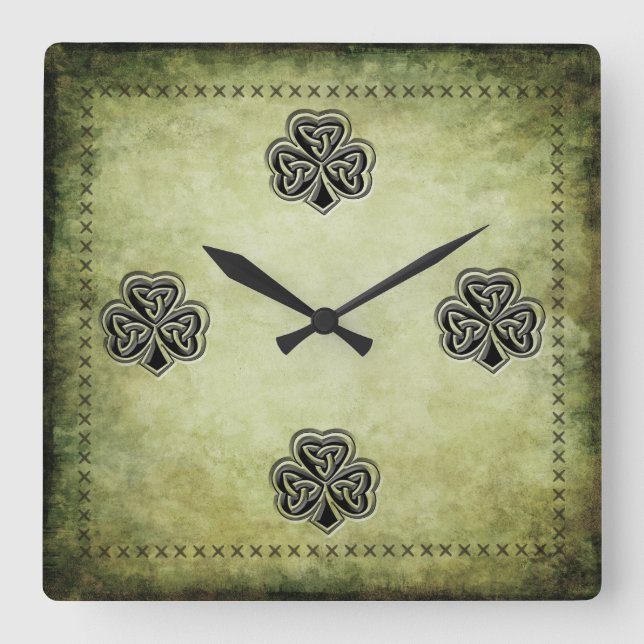Classy grundge Irish lucky shamrock Square Wall Clock (Front)
