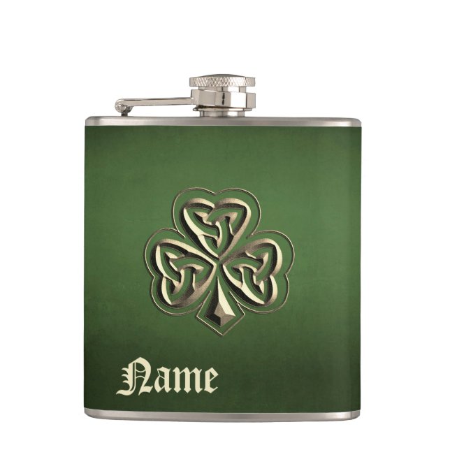 Classy grunge Irish lucky shamrock personalised Fl Hip Flask (Front)