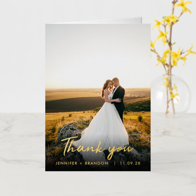 Classy Hand Written Gold Thank you | Wedding Photo Foil Greeting Card (Yellow Flower)