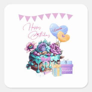 Classy Happy Birthday Cake Balloons Gifts Square Sticker