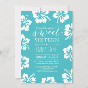 Classy Hibiscus Flower Turquoise Sweet 16 Birthday Invitation