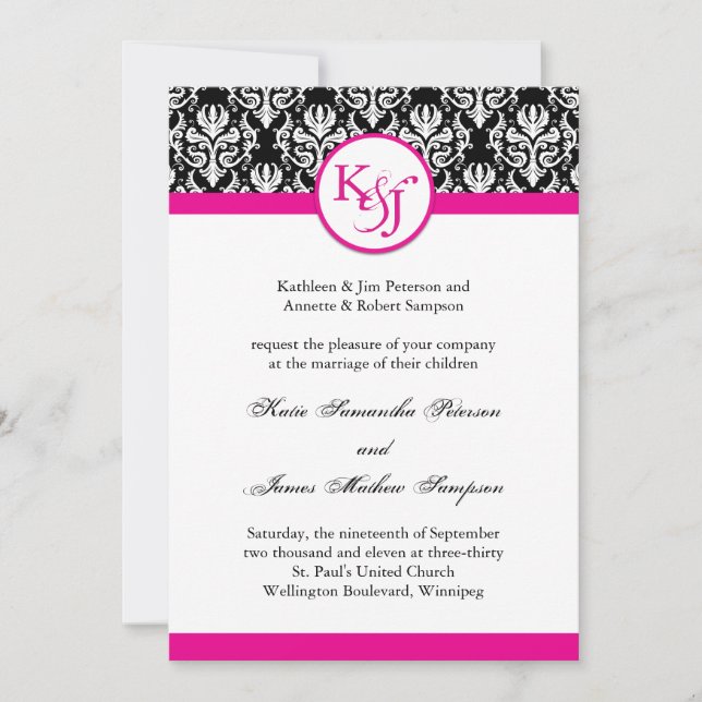 Classy Hot Pink Damask Wedding Invitation Template (Front)