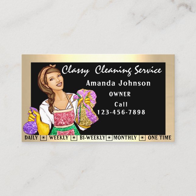 Classy House Office Cleaning Services Maid Black Business Card (Front)