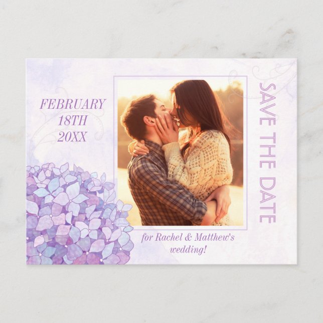 Classy Hydrangea Wedding Photo Save the Date Announcement Postcard (Front)