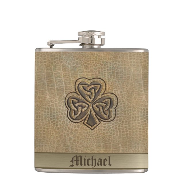 Classy Irish lucky shamrock leather look Hip Flask (Front)