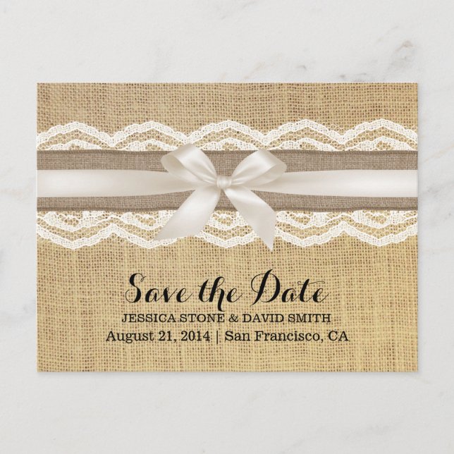 Classy Ivory Ribbon Lace & Burlap Save the Date Announcement Postcard (Front)