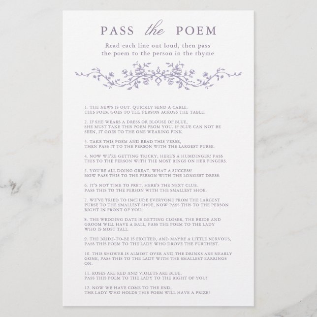 Classy Lavender Floral 'Pass the Poem' Game  (Front)