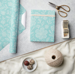 Classy Leaves Floral Art Pattern On Aqua Blue Wrapping Paper