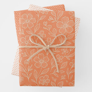 Classy Leaves Floral Art Pattern On Coral Orange Wrapping Paper Sheet