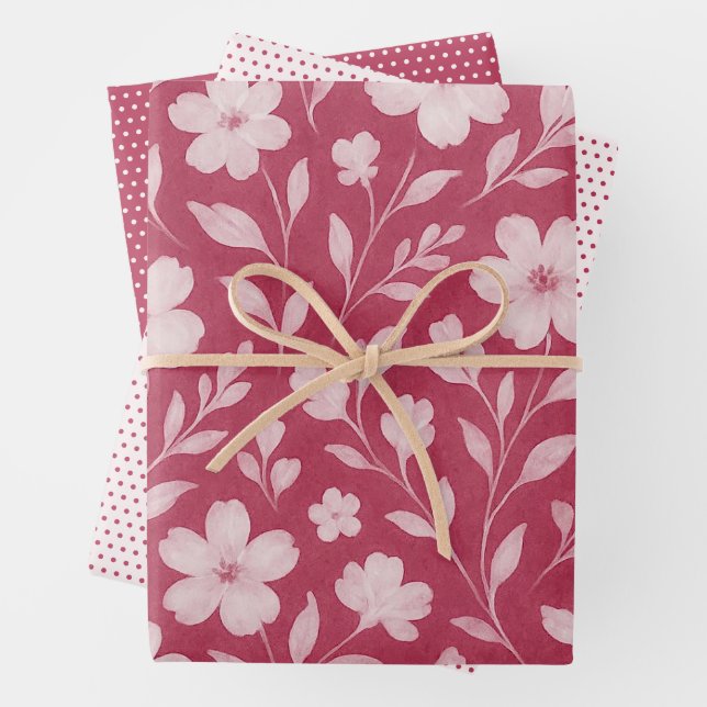 Classy Leaves Floral Art Pattern On Dark Pink Wrapping Paper Sheet (In situ)