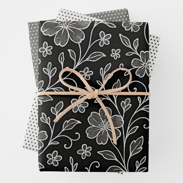 Classy Leaves Floral Art Pattern On Grey Black Wrapping Paper Sheet (In situ)