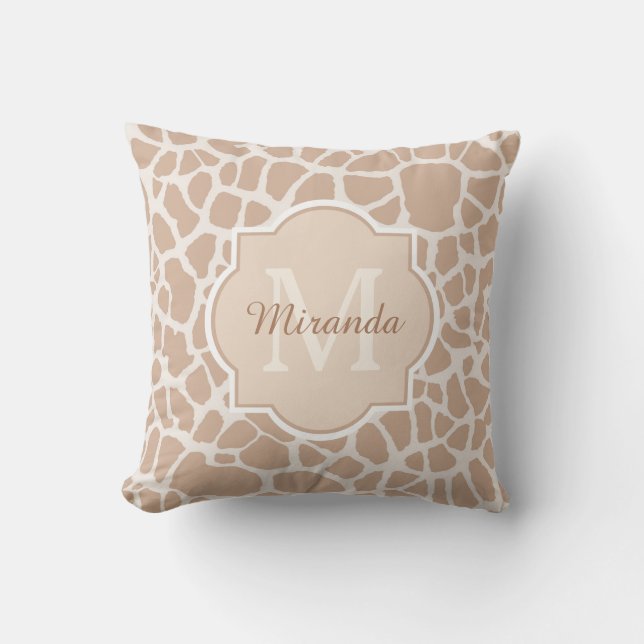 Classy Light Brown Giraffe Print Monogram and Name Cushion (Front)